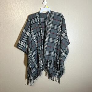 Wrap poncho OSFM wool blend gray plaid